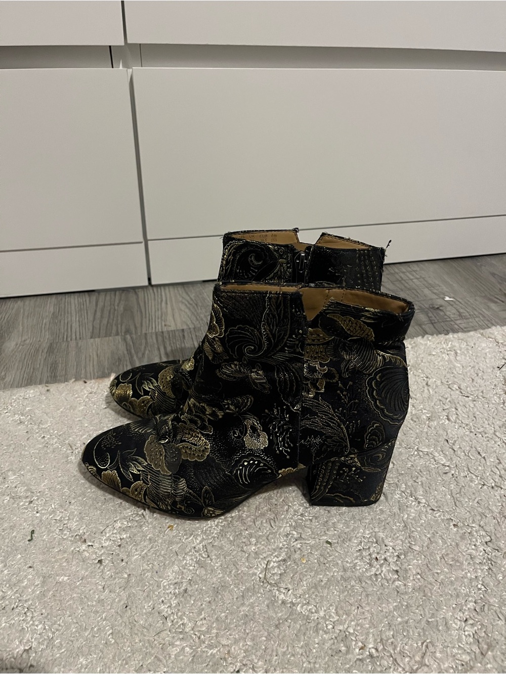 Franco Sarto Black and Gold Olympia embroidered booties size 8.5